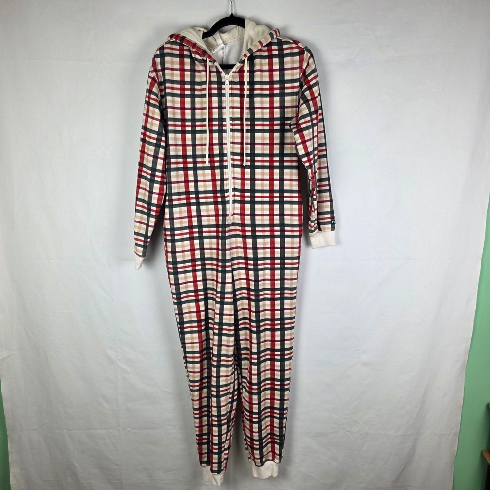 Fabletics Womens Red Plaid Hooded Zip Front Jumpsuit Loungewear Small ON2357249